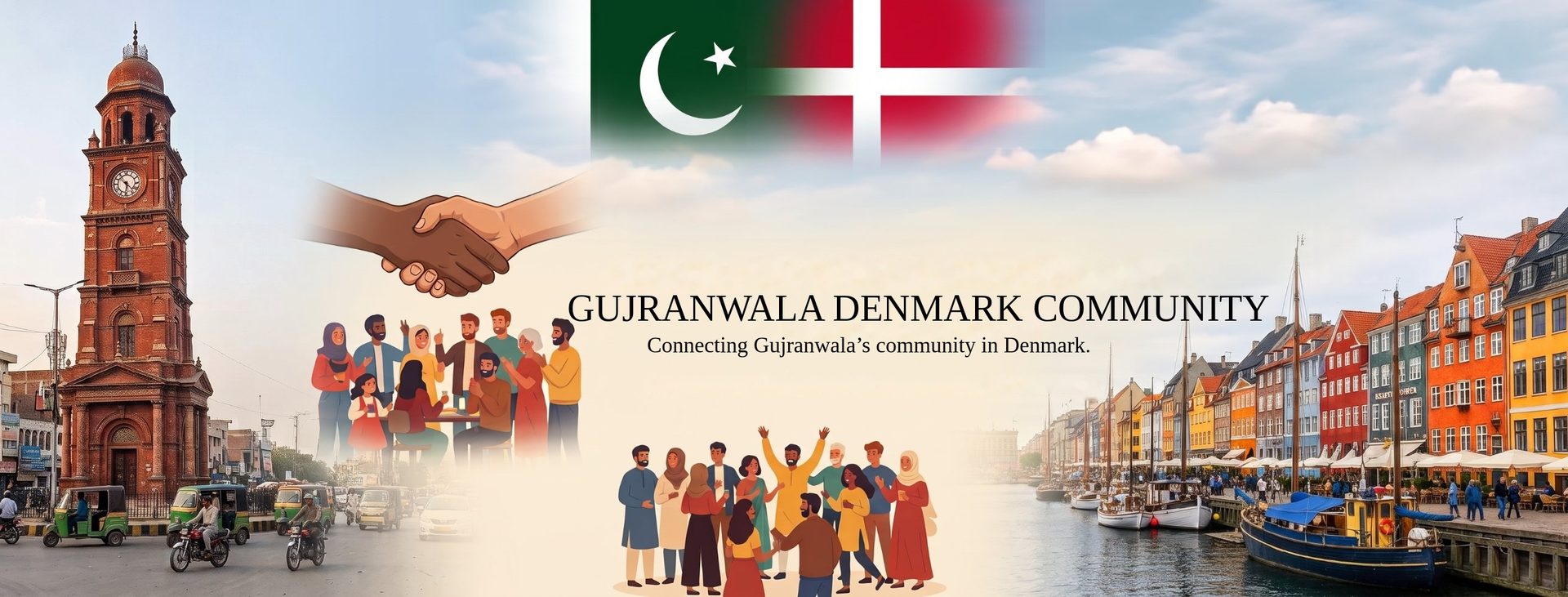 Gujranwala's clock tower and Copenhagen's Nyhavn, with the flags of Pakistan and Denmark and community members together